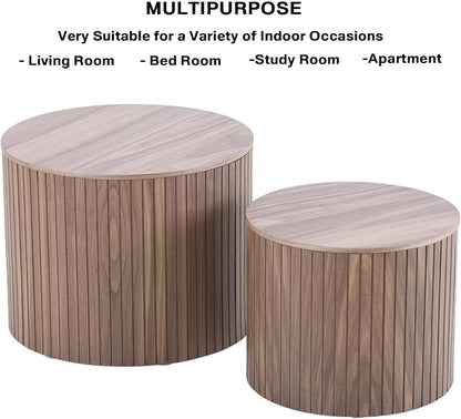 Nesting Coffee Tables Set of 2, Wooden Round Fluted Coffee Tables with Storage, Accent Drum Side Table, Luxury Modern Circle End Table for Small Spaces Living Room Bedroom Balcony Office, Walnut