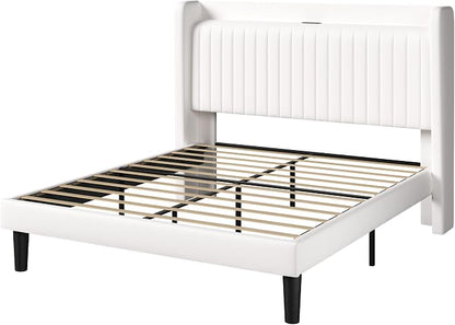 Allewie Full Size Platform Bed Frame with USB Charging Station and Storage Shelf/Upholstered Velvet Wingback Headboard/Wooden Slats Support/No Box Spring Needed/Easy Assembly, White
