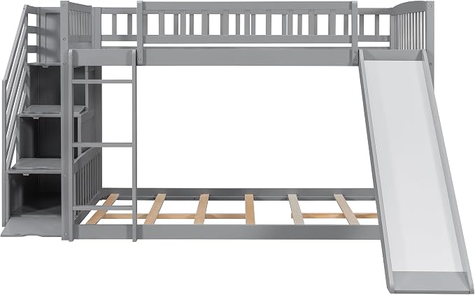 RUNNA Full Over Full Bunk Bed, Staircase with Drawers, Slide, Ladder | full over full bunk bed, staircase with drawers, convertible slide and ladder, solid pine wood, guardrails, no box spring