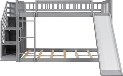 RUNNA Full Over Full Bunk Bed, Staircase with Drawers, Slide, Ladder | full over full bunk bed, staircase with drawers, convertible slide and ladder, solid pine wood, guardrails, no box spring