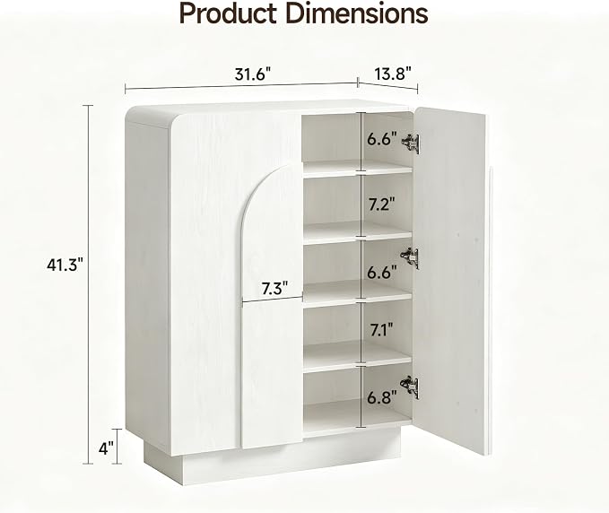 ONBRILL Shoe Storage Cabinet with Doors, Large Shoe Cabinet Storage for Entryway, Wooden 6 Tier Shoe Organizer Cabinets with Adjustable Shelves for Entrance Hallway Living Room Foyer (White)