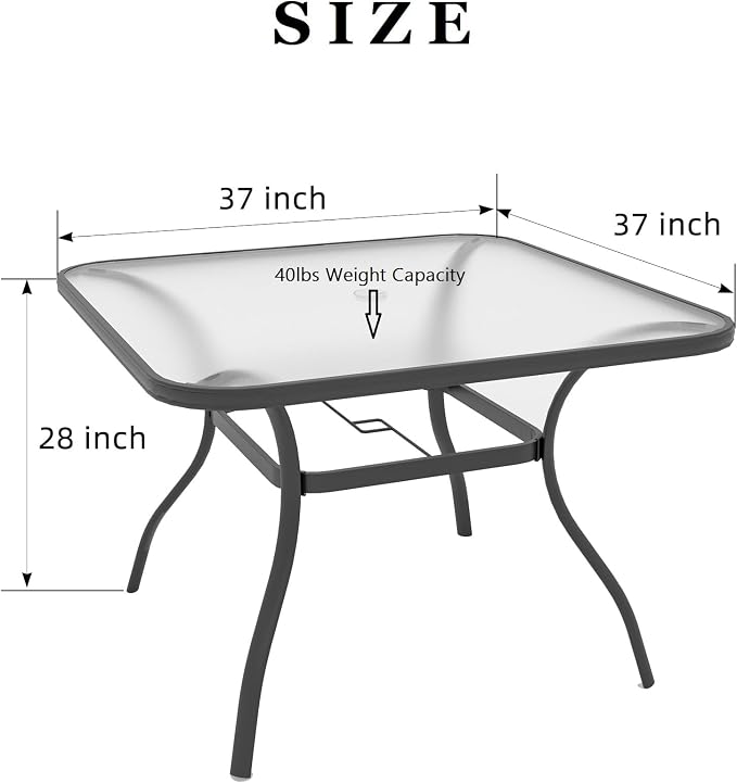 Outdoor Patio Set, 37" Square Glass Dining Table and 4pcs Swivel Chairs, All-Weather Patio Furniture Set with 1.7" Umbrella Hole for Garden Backyard Lawn Poolside