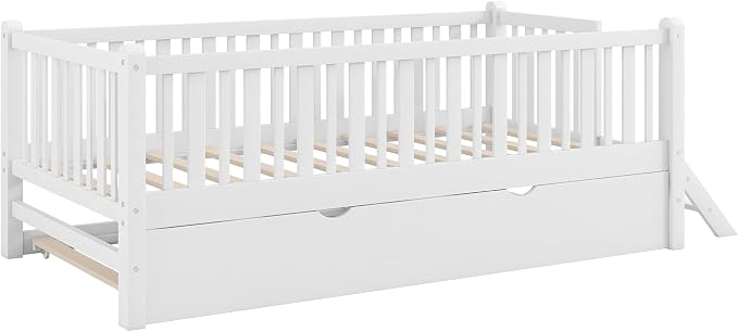 Merax Wood Twin Size Platform Bed with Guardrail and Trundle, Kids Bed Frame with Stairs, White