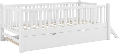 Merax Wood Twin Size Platform Bed with Guardrail and Trundle, Kids Bed Frame with Stairs, White