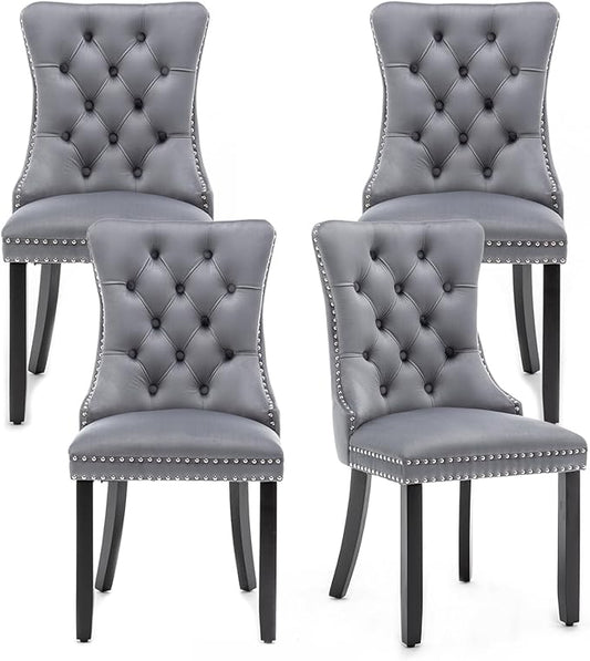 Hixkol Velvet Dining Chairs Set of 4,Upholstered Dining Chairs with Ring Pull Trim and Button Back,Modern Seating for Kitchen, Bedroom & Living Room(Grey)