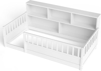 Bellemave Twin Size Montessori Floor Bed with Bookcase, Twin Floor Bed with Rails and Storage Shelves, Easy Assemble Montessori Beds Frame for Girls, Boys, White