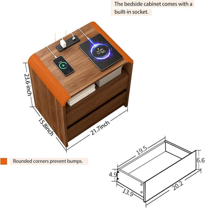 23.6" Walnut Nightstand Set of 2 with Charging Station, Anti-Collision Mid Century Modern Bedside Table with 500 LB Capacity, Soft Close Drawers Night Stand with Hidden Storage for Bedroom