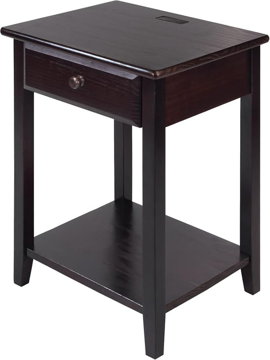 Casual Home Owl Night Stand with USB Port Charging Station and Drawer, 17.5"W x 14.25"D x 24.5"H, Espresso