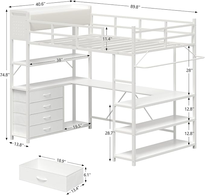 Loft Bed Twin Size with U-Shaped Desk, Metal Twin Loft Bed Frame with Storage Upholstered Headboard & LED Lights, Bunk Loft Beds with Power Outlet, Loft Beds with 4 Storage Drawers, Guard & Ladder