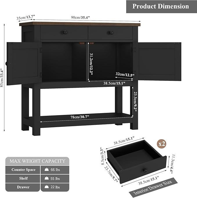 HOSTACK Farmhouse Console Table with 2-Door Cabinet & 2 Drawers, Coffee Bar, Entryway Table with Storage Shelf, Sofa Tables Buffet Sideboard for Kitchen, Hallway, Dining, Living Room, Black