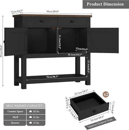 HOSTACK Farmhouse Console Table with 2-Door Cabinet & 2 Drawers, Coffee Bar, Entryway Table with Storage Shelf, Sofa Tables Buffet Sideboard for Kitchen, Hallway, Dining, Living Room, Black