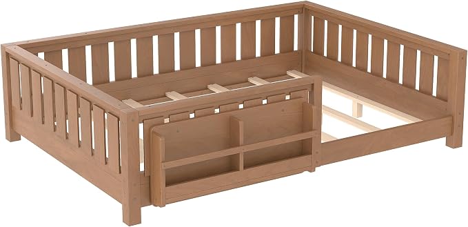 Bellemave Natural Montessori Floor Bed with Fence and Slats, Full Size Montessori Floor Bed with Bookcase and High Rails, Easy Assemble Bed Frame for Girls, Boys, Full