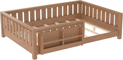 Bellemave Natural Montessori Floor Bed with Fence and Slats, Full Size Montessori Floor Bed with Bookcase and High Rails, Easy Assemble Bed Frame for Girls, Boys, Full