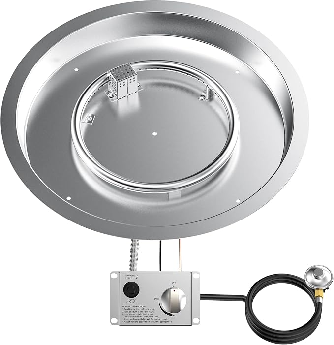 Skyflame 19" Round Stainless Steel Fire Pit Drop-in Burner Kit with Flame Sensing, Electronic Spark Ignition, Propane Regulator Connector Hose Set for Propane Tank