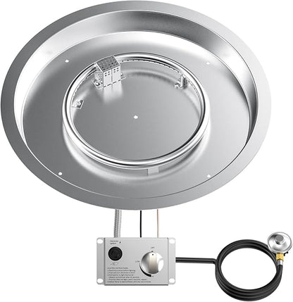 Skyflame 19" Round Stainless Steel Fire Pit Drop-in Burner Kit with Flame Sensing, Electronic Spark Ignition, Propane Regulator Connector Hose Set for Propane Tank