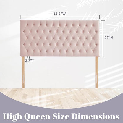Upholstered Queen Headboard Only, Premium Velvet Button Tufted Headboards, Adjustable Solid Wood Head Board, Padded Headboard with Solid Wood Legs in Bedroom (Pink)