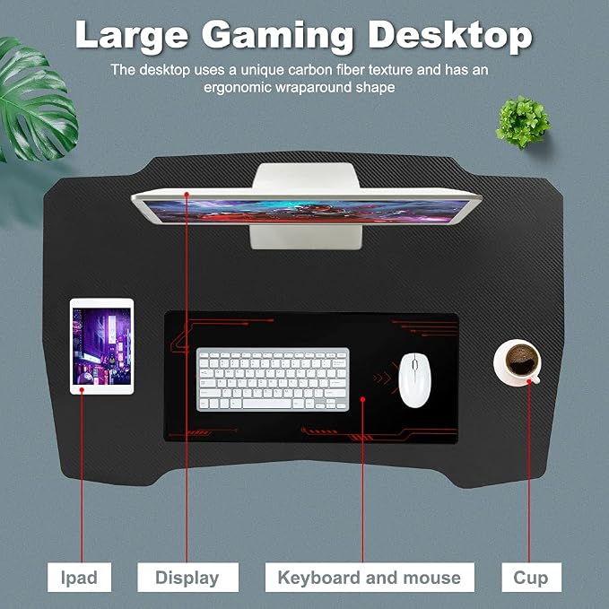 BestOffice Gmaing Desk 35.4in PC Computer Desk Z Shaped Gaming Workstation Ergonomic Gaming Table with Headphone Hook for Home Office, Red