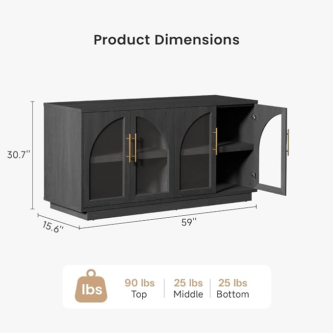 Fatmok Arden Collection 3-Piece Display Cabinet Set, 59" Arched Buffet Cabinet with Glass Doors and 3 Drawer Storage Cabinets, Adjustable Shelves and Spacious Storage for Living Room,Black Grey