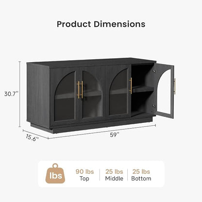 Fatmok Arden Collection 3-Piece Display Cabinet Set, 59" Arched Buffet Cabinet with Glass Doors and 3 Drawer Storage Cabinets, Adjustable Shelves and Spacious Storage for Living Room,Black Grey