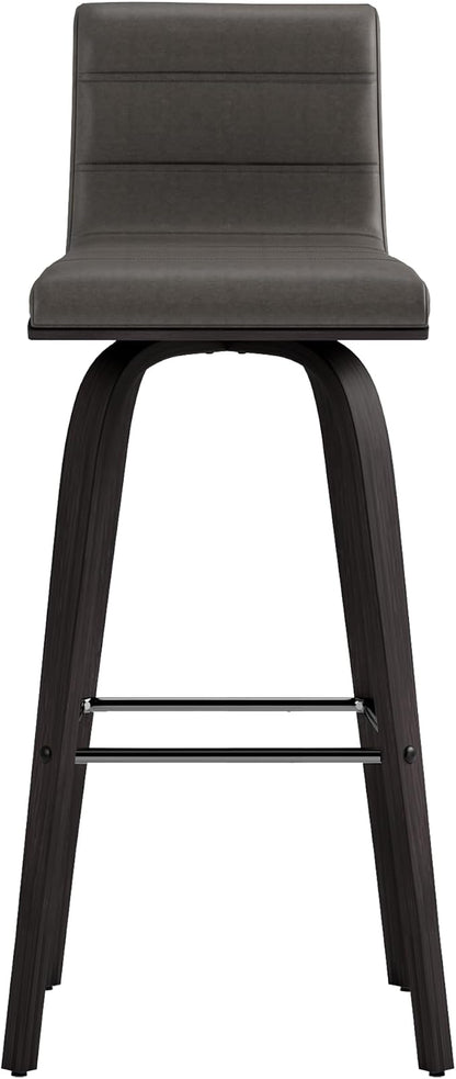 Armen Living Vienna Modern Swivel 30" Bar Height Barstool with Gray Faux Leather and Black Wood Finish