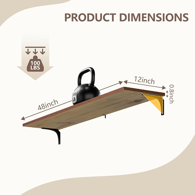 Deep Floating Shelves, 12 Inch Extra Wide Solid Wood Wall Shelves, 48 Inch Long Heavy Duty Wall Mounted Bookshelf for Living Room, Kitchen and Bedroom, Set of 3 (Brown)