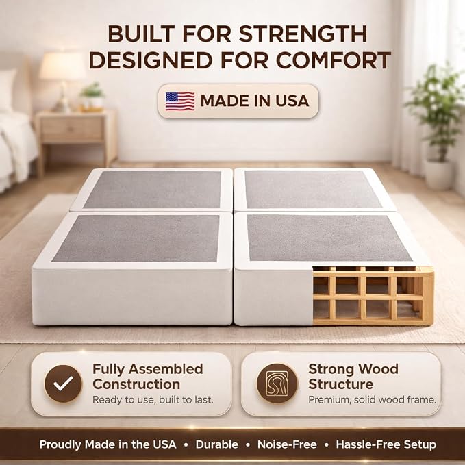 Treaton, 8-Inch Sturdy Wood Box Spring for Mattress Support - Durable and Fully Assembled, Natural Wood Foundation for Queen(New Version), White