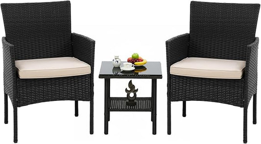 FDW 3 Pieces Patio Furniture Set Outdoor Wicker Bistro Sets Modern Rattan Chair Conversation Sets with Coffee Table for Yard Backyard Lawn Porch Poolside Balcony,Khaki Cushion