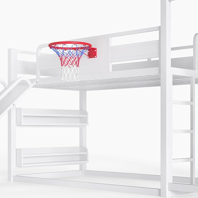 Bellemave Twin Size Bunk Bed with Basketball Hoop, Pull-up Rings and Climbing Wall, Twin Bunk Bed with Slide and Bookcase, Heavy Duty Bunk Beds with Guardrail, White