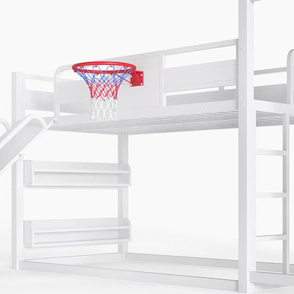 Bellemave Twin Size Bunk Bed with Basketball Hoop, Pull-up Rings and Climbing Wall, Twin Bunk Bed with Slide and Bookcase, Heavy Duty Bunk Beds with Guardrail, White