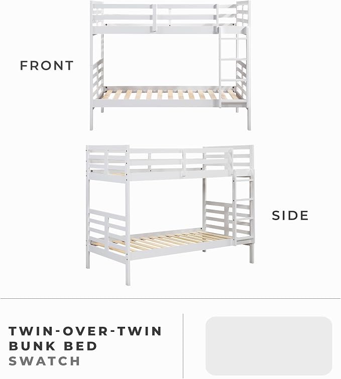 Lexicon Bunk Bed Twin Over Twin, Wooden Bed Frame with Sturdy Ladder and Safety Guard Rails, Modern Space-Saving Design, for Bedroom/Guest Room, No Box Spring Needed, White