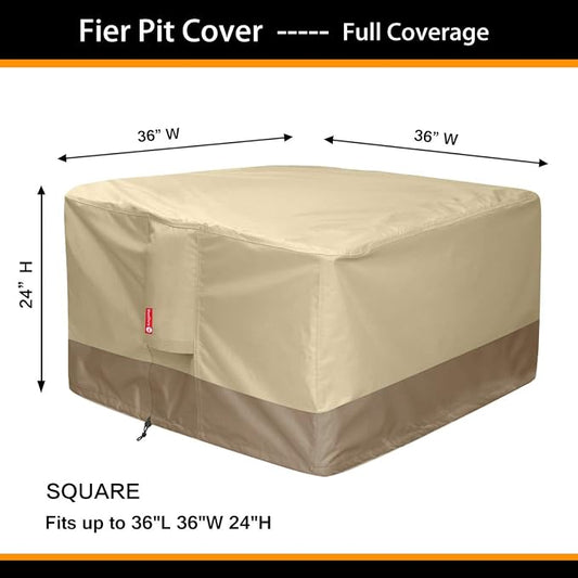 SheeChung Gas Fire Pit Cover Square 600D Heavy Duty Patio Outdoor Fire Pit Table Cover with PVC Coating 100% Waterproof,Air Vent,Fits for 33/34/35/36 inch Fire Pit Table Cover 36”L x 36”W x 24”H Beige