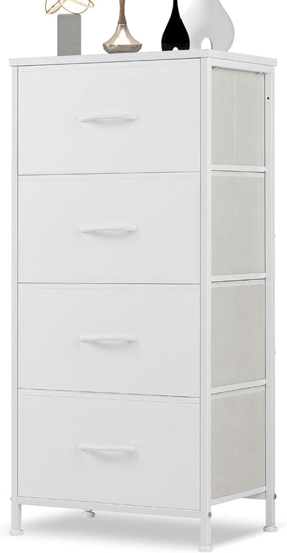 DUMOS Dresser for Bedroom, 4 Storage Drawers Tall Fabric Closet Chests | Organizer Tower Furniture with Wooden Top Metal Frame for Living Room, Hallway, White