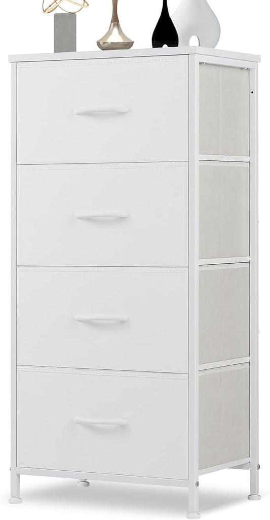 DUMOS Dresser for Bedroom, 4 Storage Drawers Tall Fabric Closet Chests | Organizer Tower Furniture with Wooden Top Metal Frame for Living Room, Hallway, White