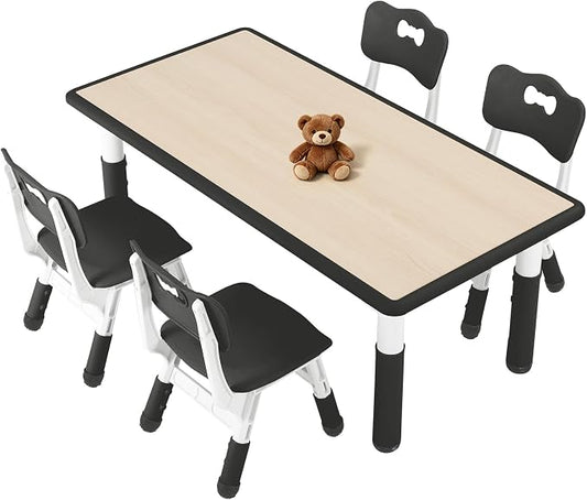 FUNLIO Kids Table and 4 Chairs Set for Ages 3-8, Height Adjustable Toddler Table and Chair Set, Easy to Wipe Arts & Crafts Table, for Classrooms/Daycares/Homes, CPC & CE Approved (5-Piece Set) - Black