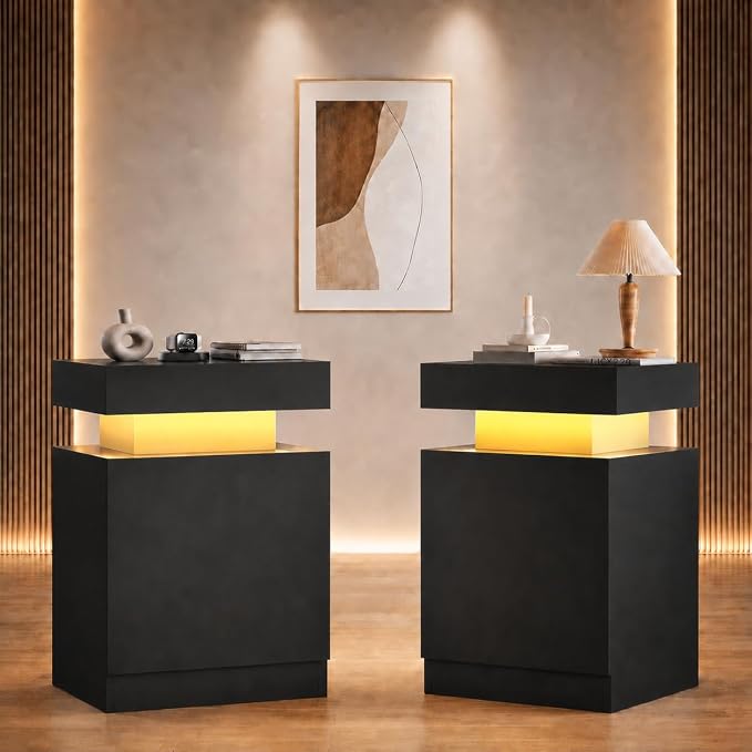 MXV Nightstand Set of 2 with LED Lights,Night Stand with Storage Cabinet for Bedroom,Bedside Table with LED (Black, 24 in Tall)