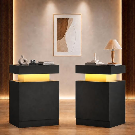 MXV Nightstand Set of 2 with LED Lights,Night Stand with Storage Cabinet for Bedroom,Bedside Table with LED (Black, 24 in Tall)