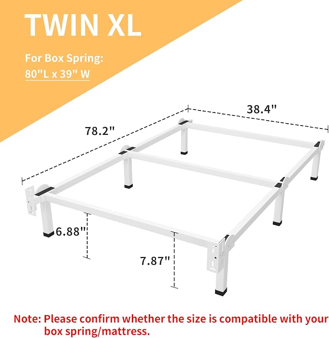 Superay Metal Bed Frame, 6-Leg Bed Base, 8 inches Support for Box Spring, Twin XL, Easy Assembly, White