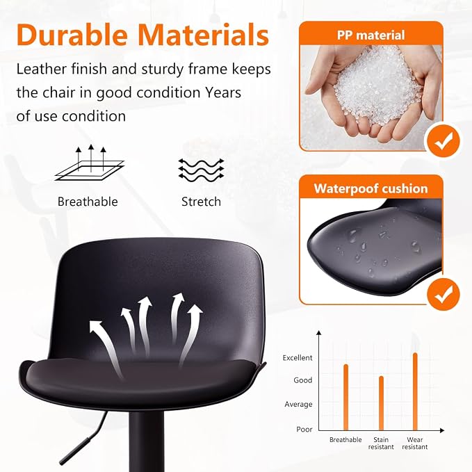 Kidol & Shellder Bar Stools Set of 6 Adjustable Counter Height Barstools Modern PU Leather Swivel Tall Bar Chairs Upholstered Bar Stool with Back for Kitchen Island（Black ）