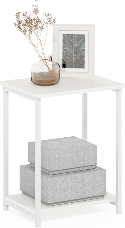 Furinno Simplistic Side Table, 2-Tier Metal Frame Modern End Table with Open Shelf, Night Stand, Bedside Table, for Living Room, Bedroom, White