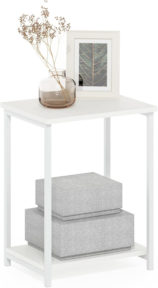 Furinno Simplistic Side Table, 2-Tier Metal Frame Modern End Table with Open Shelf, Night Stand, Bedside Table, for Living Room, Bedroom, White