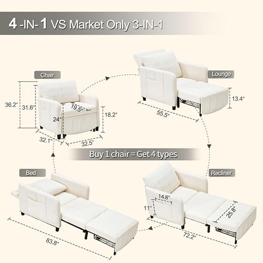 ZZW Sleeper Chair 84" Extra Long Convertible Chair Bed Upgraded 3-in-1 to 4-in-1 Pull Out Chair & Single Sofa Bed for Adult Sleeping Chair for Living Room & Small Space (White)