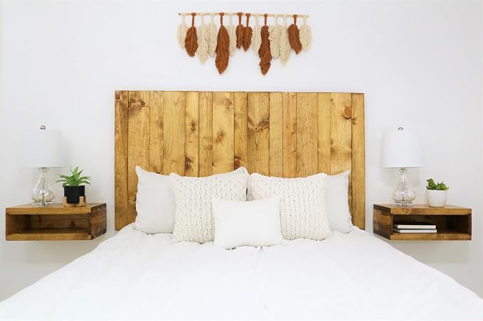 Barn Walls Solid Wood Queen Size Headboard, Golden Brown Stain with Smooth Natural Wood Grain Variation, Handcrafted Head Board Wall-Mounted Panels, Rustic Modern Bedroom, Built to Last