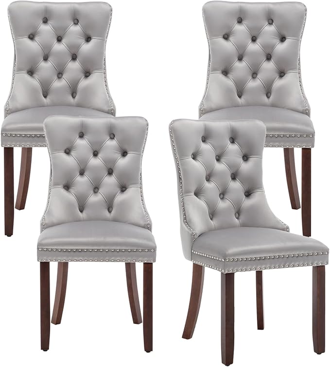 Hixkol Velvet Dining Chairs Set of 4,Upholstered Dining Chairs with Ring Pull Trim and Button Back,Modern Seating for Kitchen, Bedroom & Living Room(Light Gray)