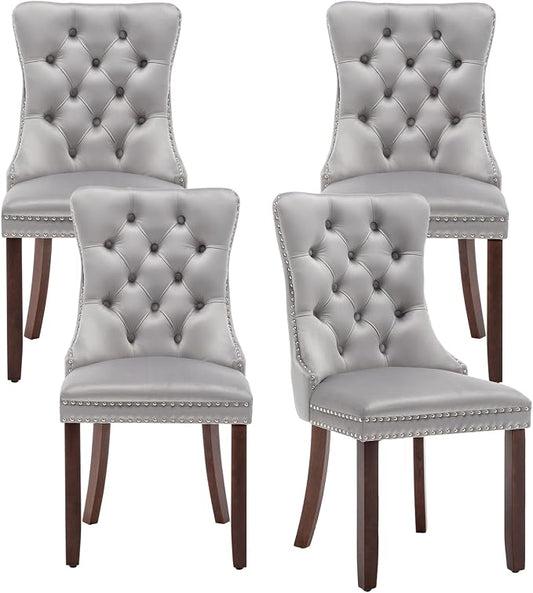 Hixkol Velvet Dining Chairs Set of 4,Upholstered Dining Chairs with Ring Pull Trim and Button Back,Modern Seating for Kitchen, Bedroom & Living Room(Light Gray)