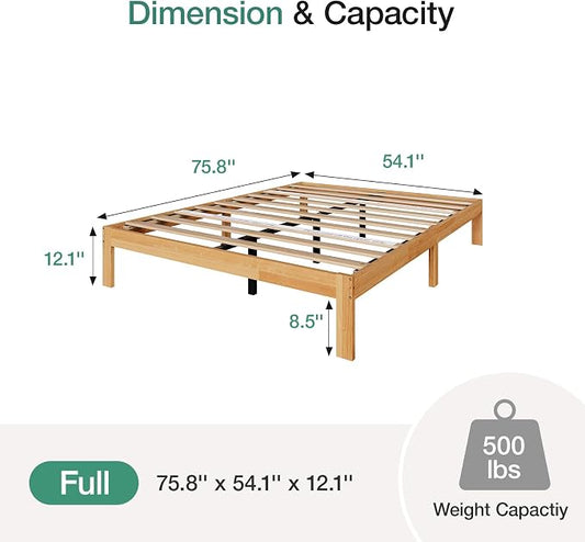 Novilla 12 Inch Full Size Bed Frame, Wooden Platform Bed Frame Full Size, Full Bed Frame Without Headboard, Sturdy Wood Slat Support, No Box Spring Needed, Easy Assembly, Natural Grain Wood