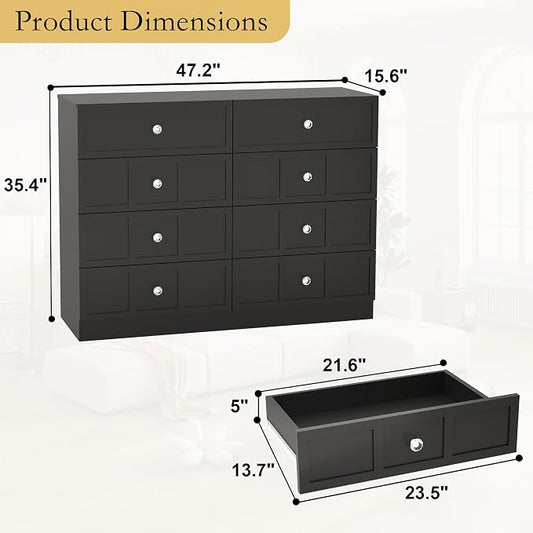 8 Drawer Dresser for Bedroom: 47" Fluted Black Dresser Deep Drawers, Modern Chest of Drawers for Bedroom, Fluted Wood Dressers for Living Room, Hallway