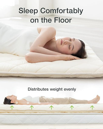 FULI Japanese Futon, Twin XL Size, White - Foldable Shikibuton Floor Bed - Medium Firm Quilted Cotton Sleeping Pad, Portable Roll-Up Japanese Floor Bed for Guests & Small Spaces