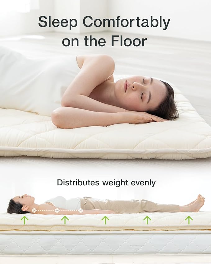FULI Japanese Futon, Full Size, White - Foldable Shikibuton Floor Bed - Medium Firm Quilted Cotton Sleeping Pad, Portable Roll-Up Japanese Floor Bed for Guests & Small Spaces