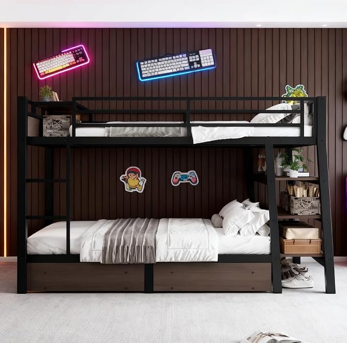Bellemave Bunk Bed Full Over Full，Metal Bunk beds with Storage Shelves, LED Light Strip, and USB Power Strip, Upper Bed with Desk, Black