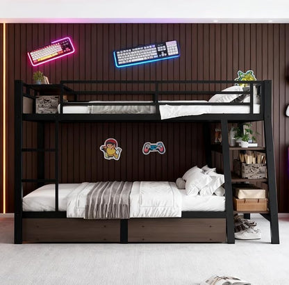 Bellemave Bunk Bed Full Over Full，Metal Bunk beds with Storage Shelves, LED Light Strip, and USB Power Strip, Upper Bed with Desk, Black